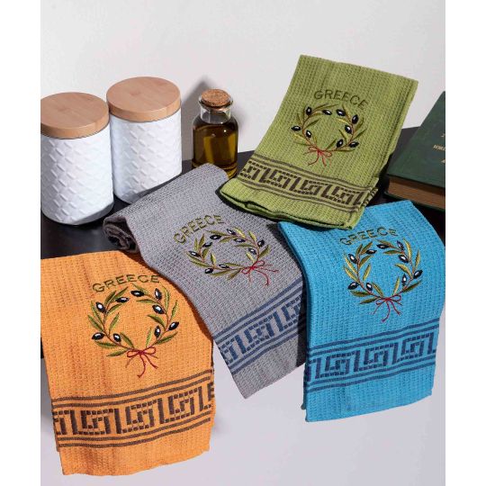 Σετ 12 τεμαχίων ποτηρόπανα (45cm x 65cm) στεφάνι ελιάς χρωματιστό GREECE