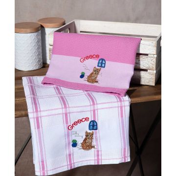 Σετ 2 τεμαχίων ποτηρόπανα (50cm x 70cm) ρόζ γάτα GREECE