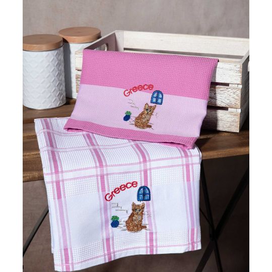 Σετ 2 τεμαχίων ποτηρόπανα (50cm x 70cm) ρόζ γάτα GREECE