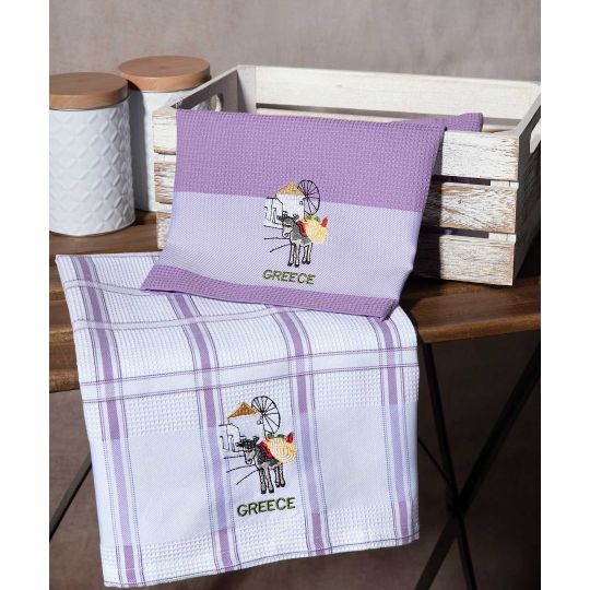 Σετ 2 τεμαχίων ποτηρόπανα (50cm x 70cm) ανεμόμυλος λιλά GREECE
