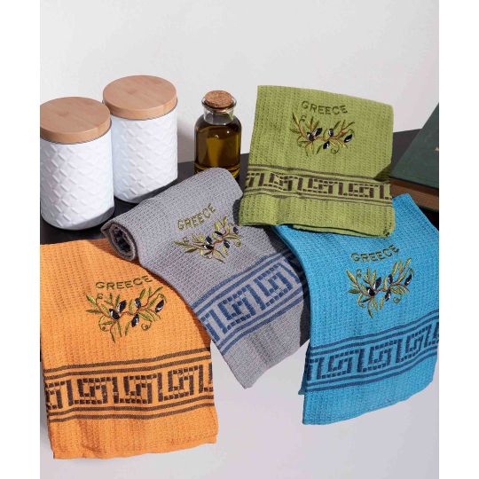 Σετ 12 τεμαχίων ποτηρόπανα (45cm x 65cm) κλαδί ελιάς χρωματιστό GREECE