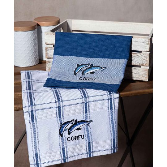 Σετ 2 τεμαχίων ποτηρόπανα (50cm x 70cm) μπλέ δελφίνι CORFU