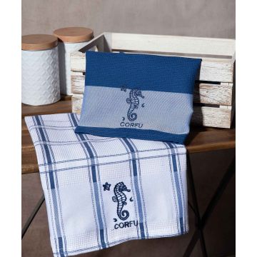 Σετ 2 τεμαχίων ποτηρόπανα (50cm x 70cm) μπλέ ιππόκαμπος CORFU