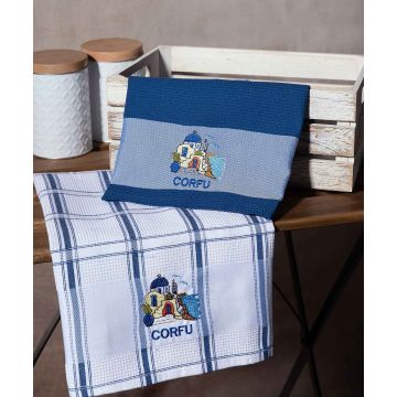 Σετ 2 τεμαχίων ποτηρόπανα (50cm x 70cm) μπλέ εκκλησία CORFU