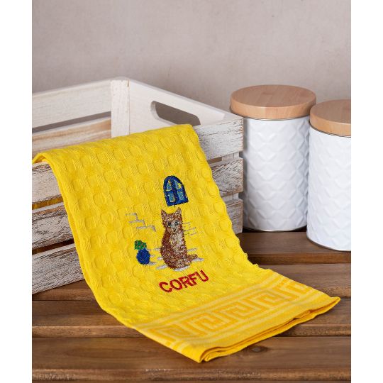 Σετ 12 τεμαχίων ποτηρόπανα γκοφρέ (50cm x 70cm) κίτρινο γάτα CORFU