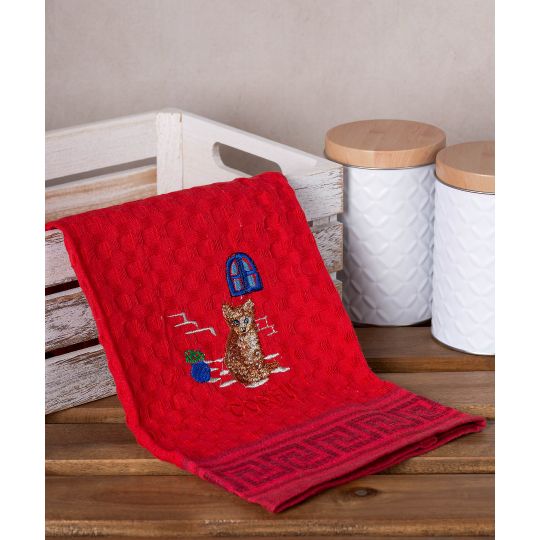 Σετ 12 τεμαχίων ποτηρόπανα γκοφρέ (50cm x 70cm) κόκκινο γάτα CORFU