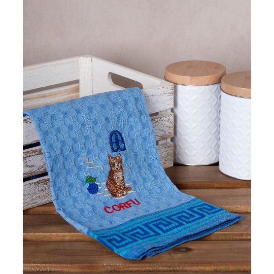 Σετ 12 τεμαχίων ποτηρόπανα γκοφρέ (50cm x 70cm) μπλέ γάτα CORFU