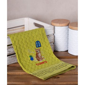 Σετ 12 τεμαχίων ποτηρόπανα γκοφρέ (50cm x 70cm) πράσινο γάτα CORFU