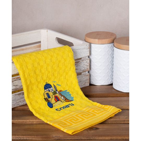 Σετ 12 τεμαχίων ποτηρόπανα γκοφρέ (50cm x 70cm) κίτρινος εκκλησία CORFU