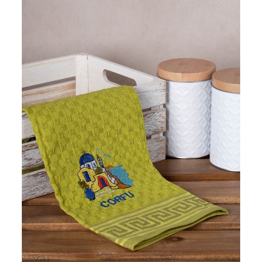 Σετ 12 τεμαχίων ποτηρόπανα γκοφρέ (50cm x 70cm) πράσινο εκκλησία CORFU