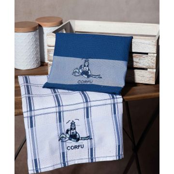 Σετ 2 τεμαχίων ποτηρόπανα (50cm x 70cm) μπλέ φάρος CORFU