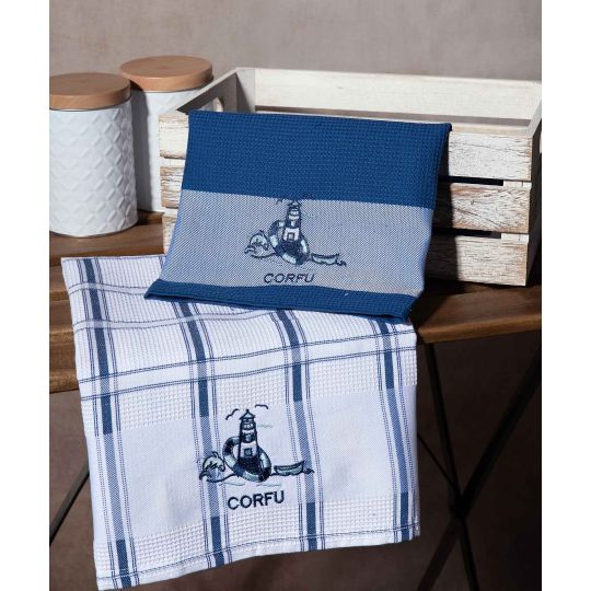 Σετ 2 τεμαχίων ποτηρόπανα (50cm x 70cm) μπλέ φάρος CORFU