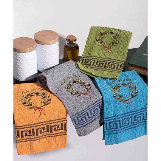 Σετ 12 τεμαχίων ποτηρόπανα (45cm x 65cm) στεφάνι ελιάς χρωματιστό KOS