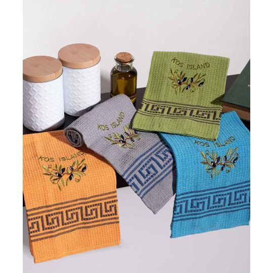 Σετ 12 τεμαχίων ποτηρόπανα (45cm x 65cm) κλαδί ελιάς χρωματιστό KOS