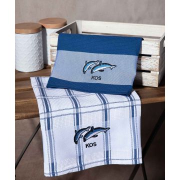 Σετ 2 τεμαχίων ποτηρόπανα (50cm x 70cm) μπλέ δελφίνι KOS