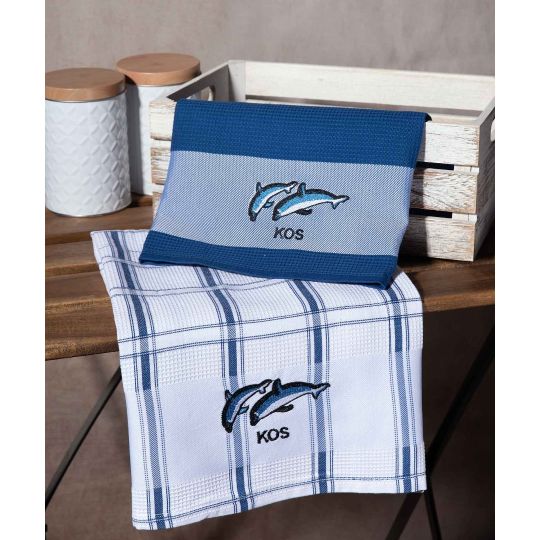 Σετ 2 τεμαχίων ποτηρόπανα (50cm x 70cm) μπλέ δελφίνι KOS