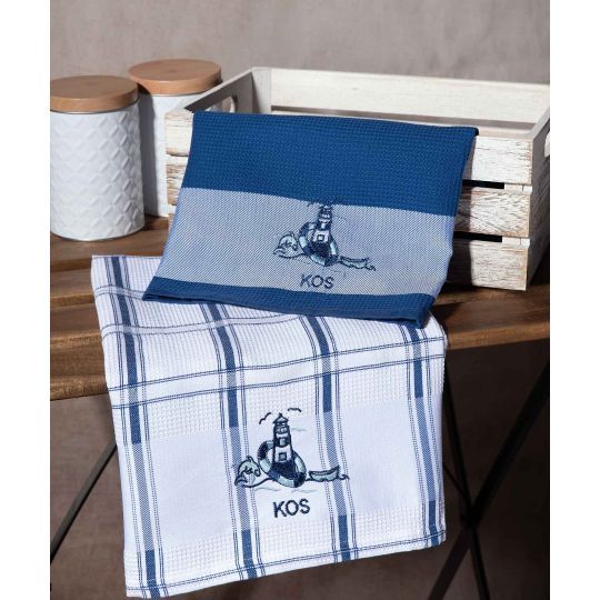 Σετ 2 τεμαχίων ποτηρόπανα (50cm x 70cm) μπλέ φάρος KOS