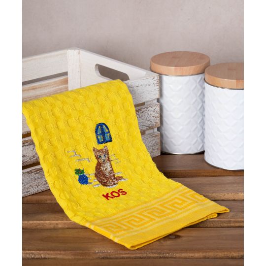 Σετ 12 τεμαχίων ποτηρόπανα γκοφρέ (50cm x 70cm) κίτρινο γάτα KOS