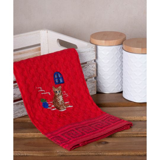 Σετ 12 τεμαχίων ποτηρόπανα γκοφρέ (50cm x 70cm) κόκκινο γάτα KOS
