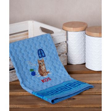 Σετ 12 τεμαχίων ποτηρόπανα γκοφρέ (50cm x 70cm) μπλέ γάτα KOS