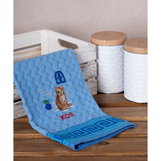 Σετ 12 τεμαχίων ποτηρόπανα γκοφρέ (50cm x 70cm) μπλέ γάτα KOS