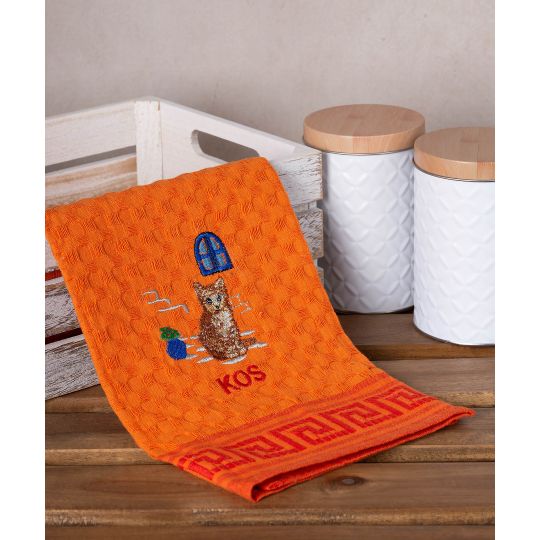 Σετ 12 τεμαχίων ποτηρόπανα γκοφρέ (50cm x 70cm) πορτοκαλί γάτα KOS