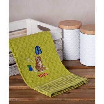 Σετ 12 τεμαχίων ποτηρόπανα γκοφρέ (50cm x 70cm) πράσινο γάτα KOS