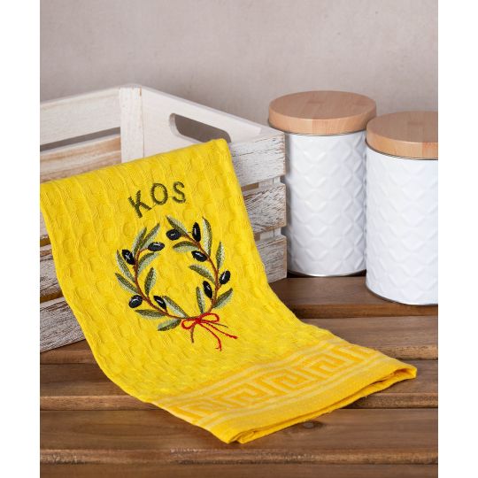 Σετ 12 τεμαχίων ποτηρόπανα γκοφρέ (50cm x 70cm) κίτρινο στεφάνι KOS