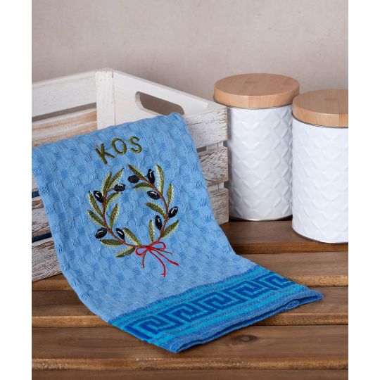 Σετ 12 τεμαχίων ποτηρόπανα γκοφρέ (50cm x 70cm) μπλέ στεφάνι KOS