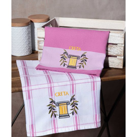 Σετ 2 τεμαχίων ποτηρόπανα (50cm x 70cm) ρόζ κίονας CRETA