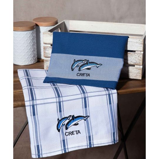 Σετ 2 τεμαχίων ποτηρόπανα (50cm x 70cm) μπλέ δελφίνι CRETA