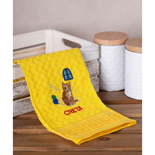 Σετ 12 τεμαχίων ποτηρόπανα γκοφρέ (50cm x 70cm) κίτρινο γάτα CRETA