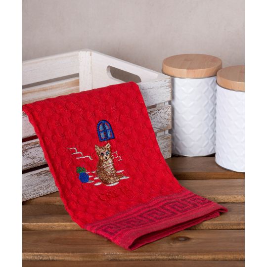 Σετ 12 τεμαχίων ποτηρόπανα γκοφρέ (50cm x 70cm) κόκκινο γάτα CRETA