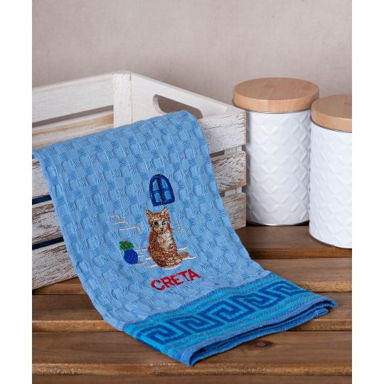 Σετ 12 τεμαχίων ποτηρόπανα γκοφρέ (50cm x 70cm) μπλέ γάτα CRETA