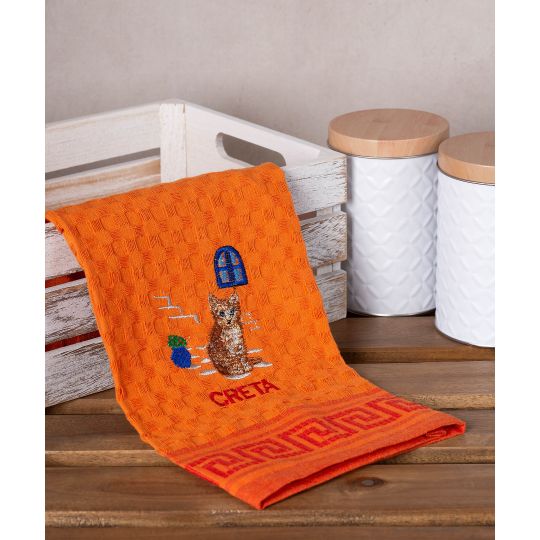 Σετ 12 τεμαχίων ποτηρόπανα γκοφρέ (50cm x 70cm) πορτοκαλί γάτα CRETA