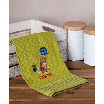 Σετ 12 τεμαχίων ποτηρόπανα γκοφρέ (50cm x 70cm) πράσινο γάτα CRETA