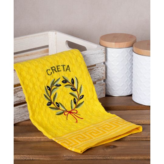 Σετ 12 τεμαχίων ποτηρόπανα γκοφρέ (50cm x 70cm) κίτρινο στεφάνι CRETA