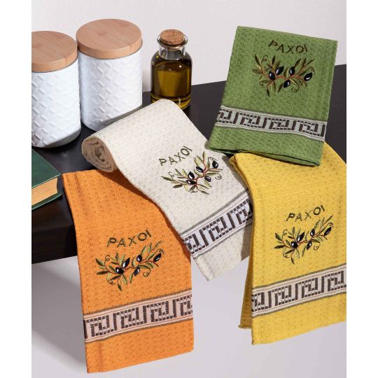 Σετ 12 τεμαχίων ποτηρόπανα (45cm x 65cm) κλαδί ελιάς χρωματιστό PAXOI