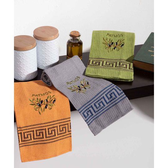 Σετ 12 τεμαχίων ποτηρόπανα (45cm x 65cm) κλαδί ελιάς χρωματιστό PATMOS