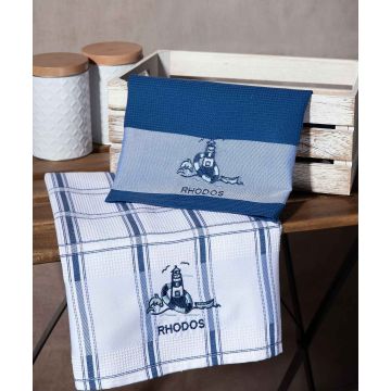 Σετ 2 τεμαχίων ποτηρόπανα (50cm x 70cm) μπλέ φάρος RHODES