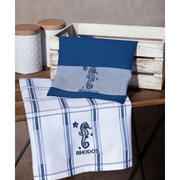 Σετ 2 τεμαχίων ποτηρόπανα (50cm x 70cm) μπλέ ιππόκαμπος RHODES
