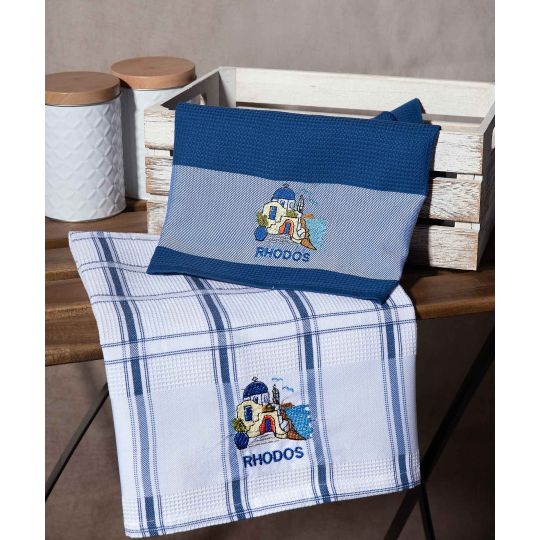 Σετ 2 τεμαχίων ποτηρόπανα (50cm x 70cm) μπλέ εκκλησία RHODES