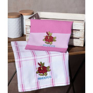 Σετ 2 τεμαχίων ποτηρόπανα (50cm x 70cm) ρόζ λουλούδι RHODES