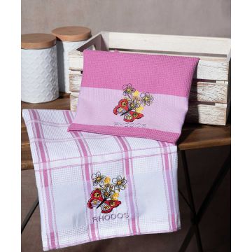 Σετ 2 τεμαχίων ποτηρόπανα (50cm x 70cm) ρόζ πεταλούδα RHODES