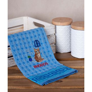 Σετ 12 τεμαχίων ποτηρόπανα γκοφρέ (50cm x 70cm) μπλέ γάτα RHODES