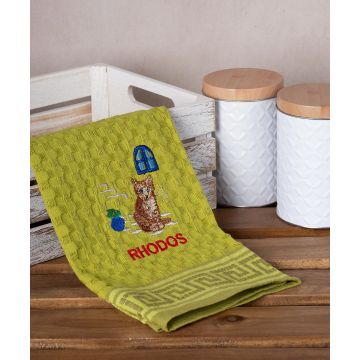 Σετ 12 τεμαχίων ποτηρόπανα γκοφρέ (50cm x 70cm) πράσινο γάτα RHODES