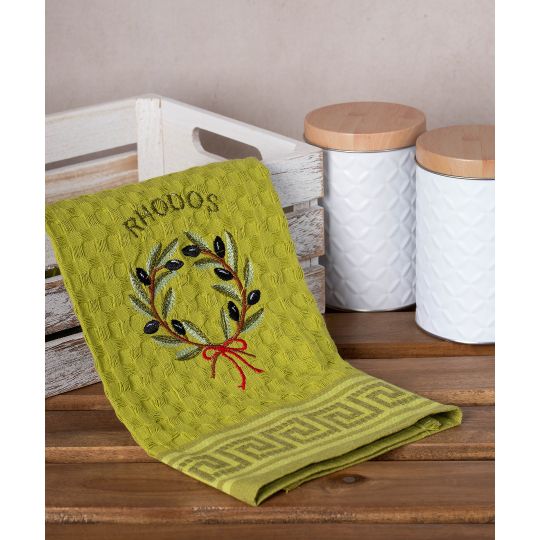 Σετ 12 τεμαχίων ποτηρόπανα γκοφρέ (50cm x 70cm) πράσινο στεφάνι RHODES