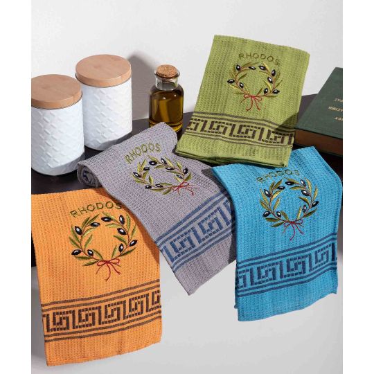 Σετ 12 τεμαχίων ποτηρόπανα (45cm x 65cm) στεφάνι ελιάς χρωματιστό RHODES