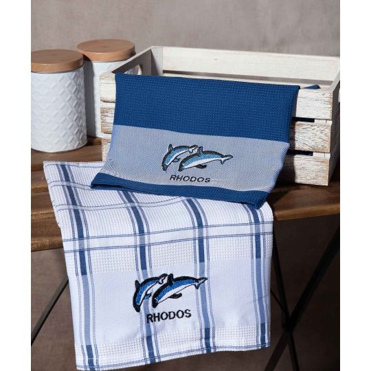 Σετ 2 τεμαχίων ποτηρόπανα (50cm x 70cm) μπλέ δελφίνι RHODES