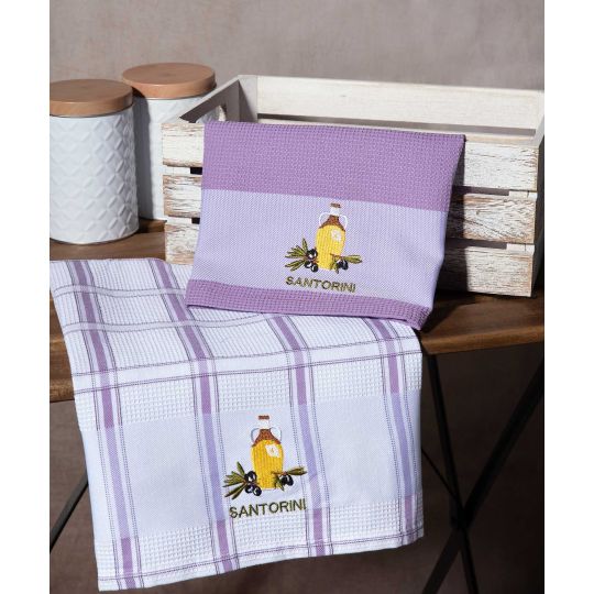 Σετ 2 τεμαχίων ποτηρόπανα (50cm x 70cm) μπουκάλι λιλά SANTORINI